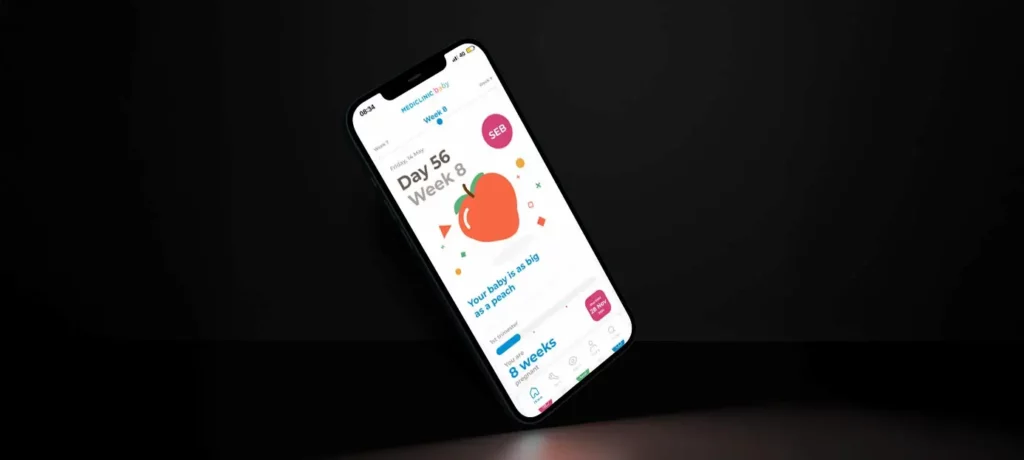 Mobile phone showing the Mediclinic Baby app